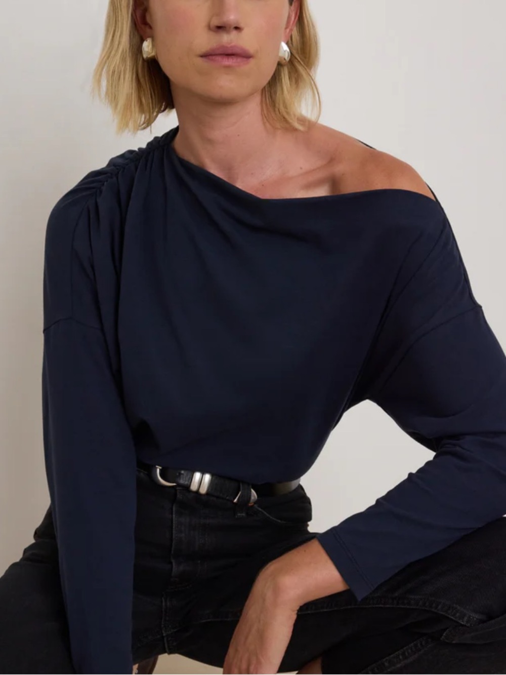 NWT Nation LA Pietra Off Shoulder Pima Cotton Long Sleeve Top in Navy Blue Small